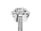 White gold Asscher Cut Diamond Floral Halo Ring with Pavé Band and Prong Setting_15