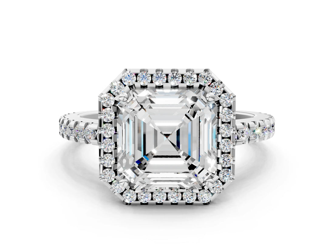 White gold Asscher Cut Diamond Halo Engagement Ring with Pavé Band and Prong Setting_27