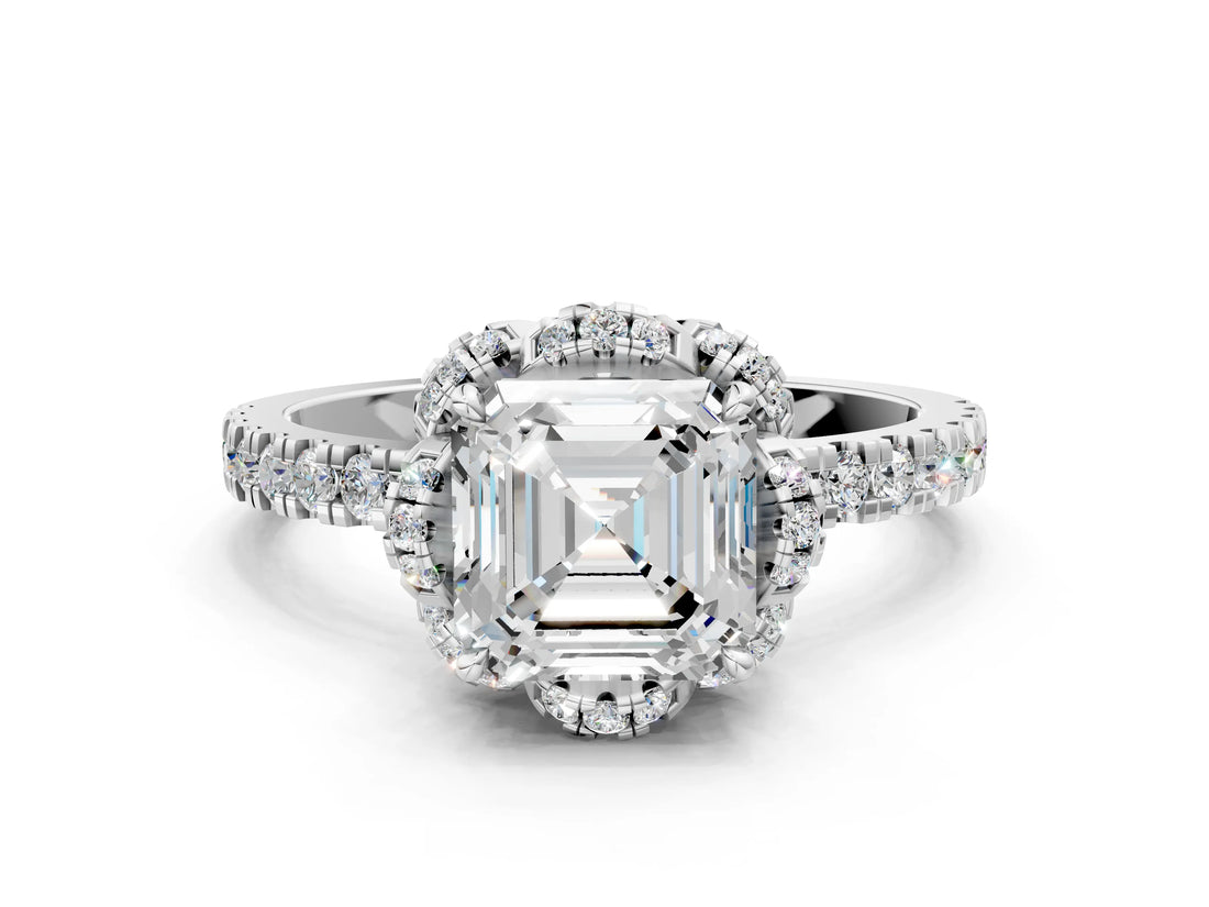 White gold Asscher Cut Diamond Halo Pave Band with Four-Prong Setting_15