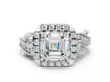 White gold Asscher Cut Diamond Halo Ring with Milgrain Pavé Band and Four-Prong Setting_165