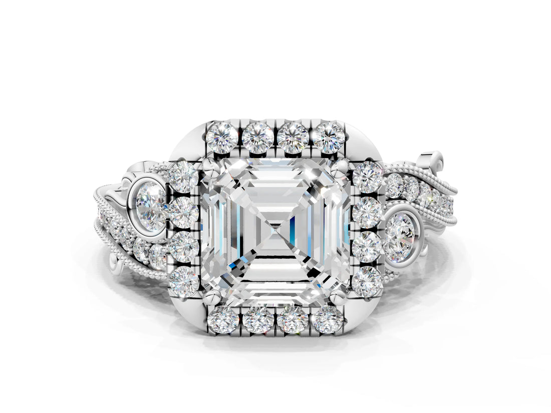 White gold Asscher Cut Diamond Halo Ring with Milgrain Pavé Band and Four-Prong Setting_166