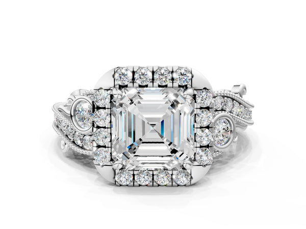 White gold Asscher Cut Diamond Halo Ring with Milgrain Pavé Band and Four-Prong Setting