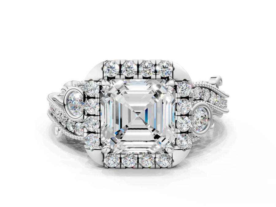 White gold Asscher Cut Diamond Halo Ring with Milgrain Pavé Band and Four-Prong Setting