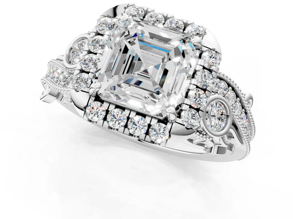 White gold Asscher Cut Diamond Halo Ring with Milgrain Pavé Band and Four-Prong Setting