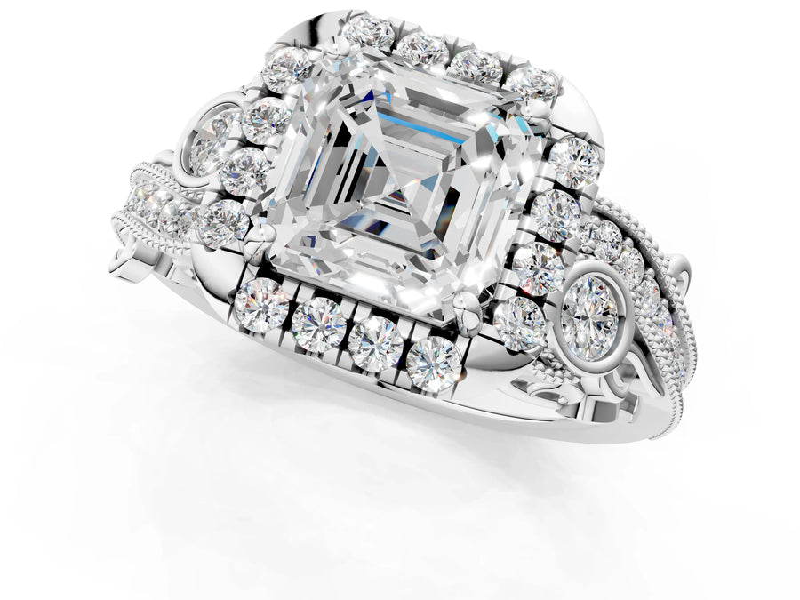 White gold Asscher Cut Diamond Halo Ring with Milgrain Pavé Band and Four-Prong Setting