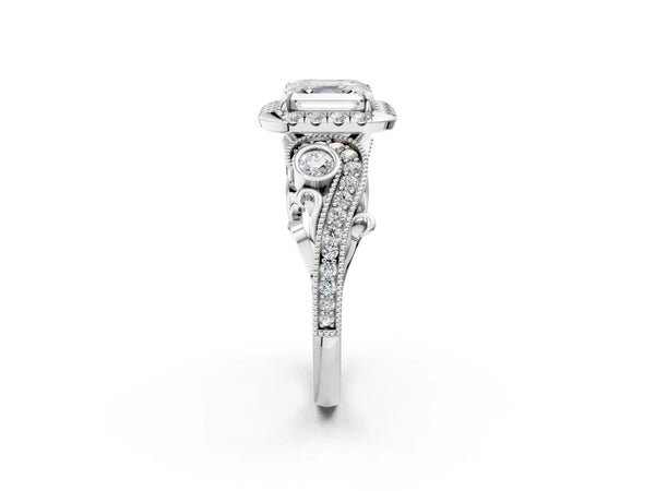 White gold Asscher Cut Diamond Halo Ring with Milgrain Pavé Band and Four-Prong Setting
