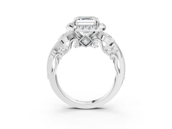White gold Asscher Cut Diamond Halo Ring with Milgrain Pavé Band and Four-Prong Setting
