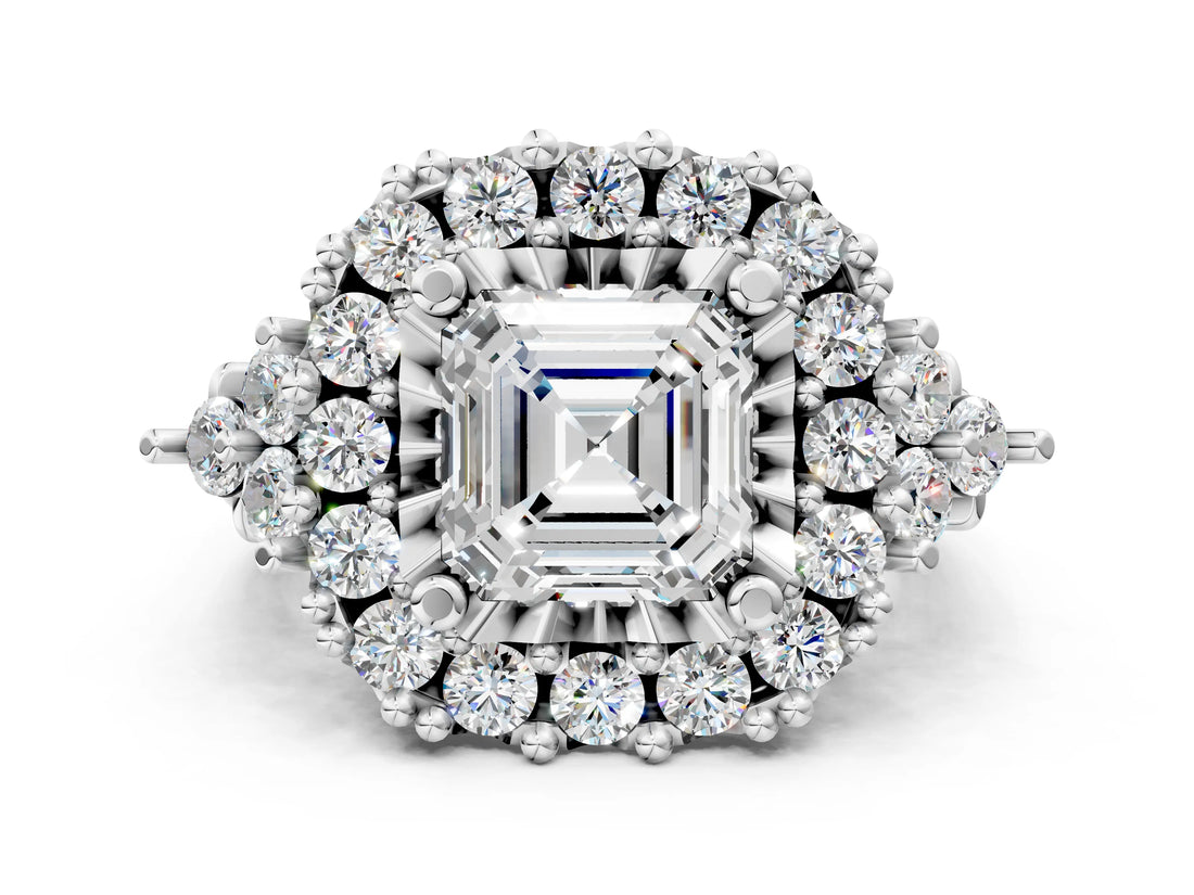 White gold Asscher Cut Diamond Halo Ring with Pavé Band and Four-Prong Setting_34