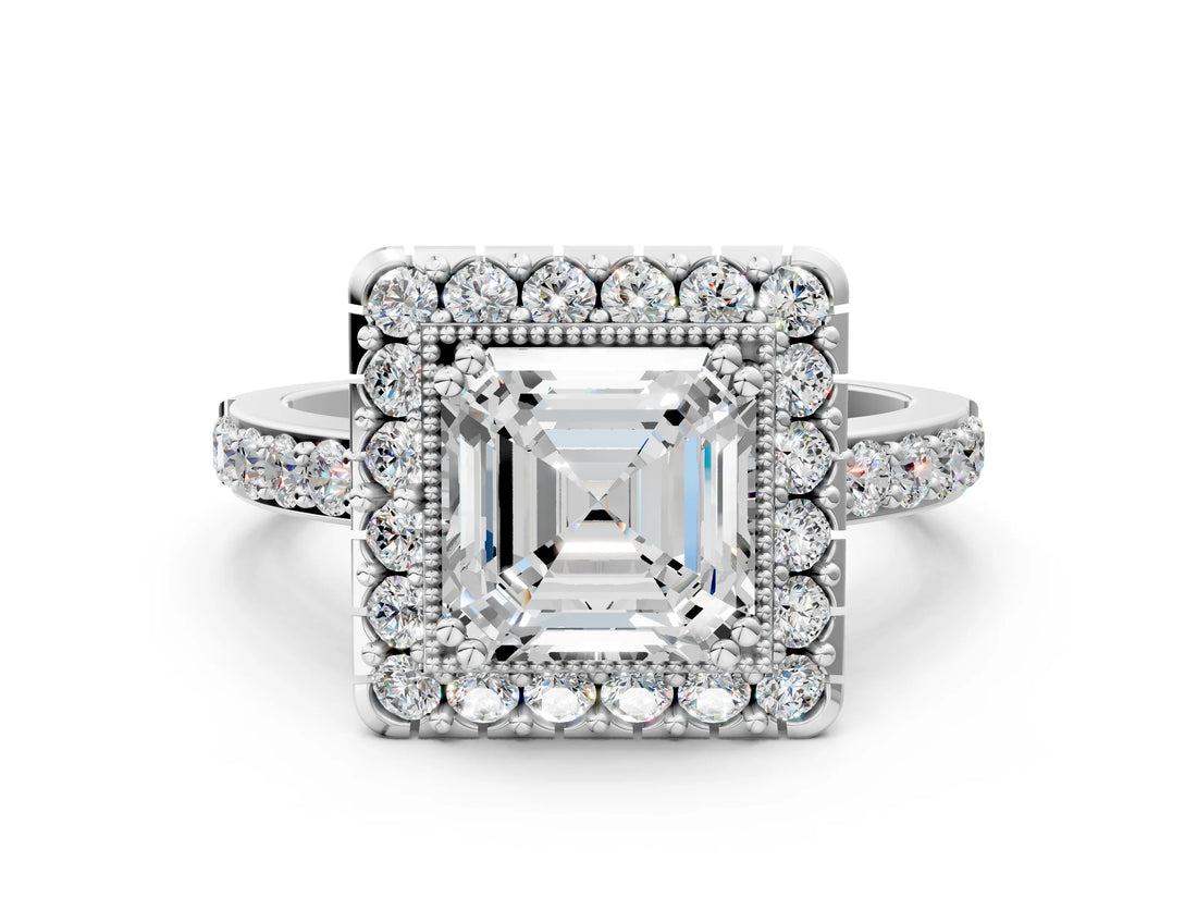 White gold Asscher Cut Diamond Halo Ring with Pavé Band and Prong Setting_7
