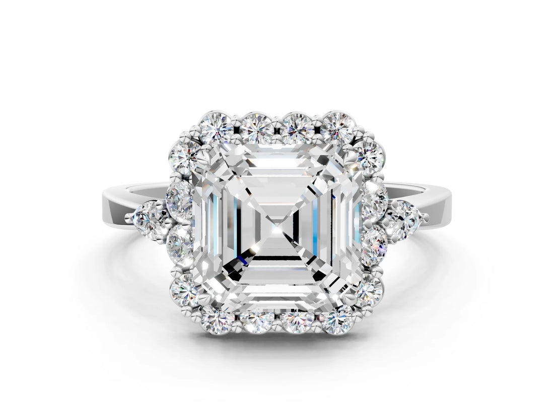 White gold Asscher Cut Diamond Halo Ring with Pear Side Stones and Prong Setting_99