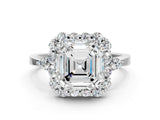 White gold Asscher Cut Diamond Halo Ring with Pear Side Stones and Prong Setting_99