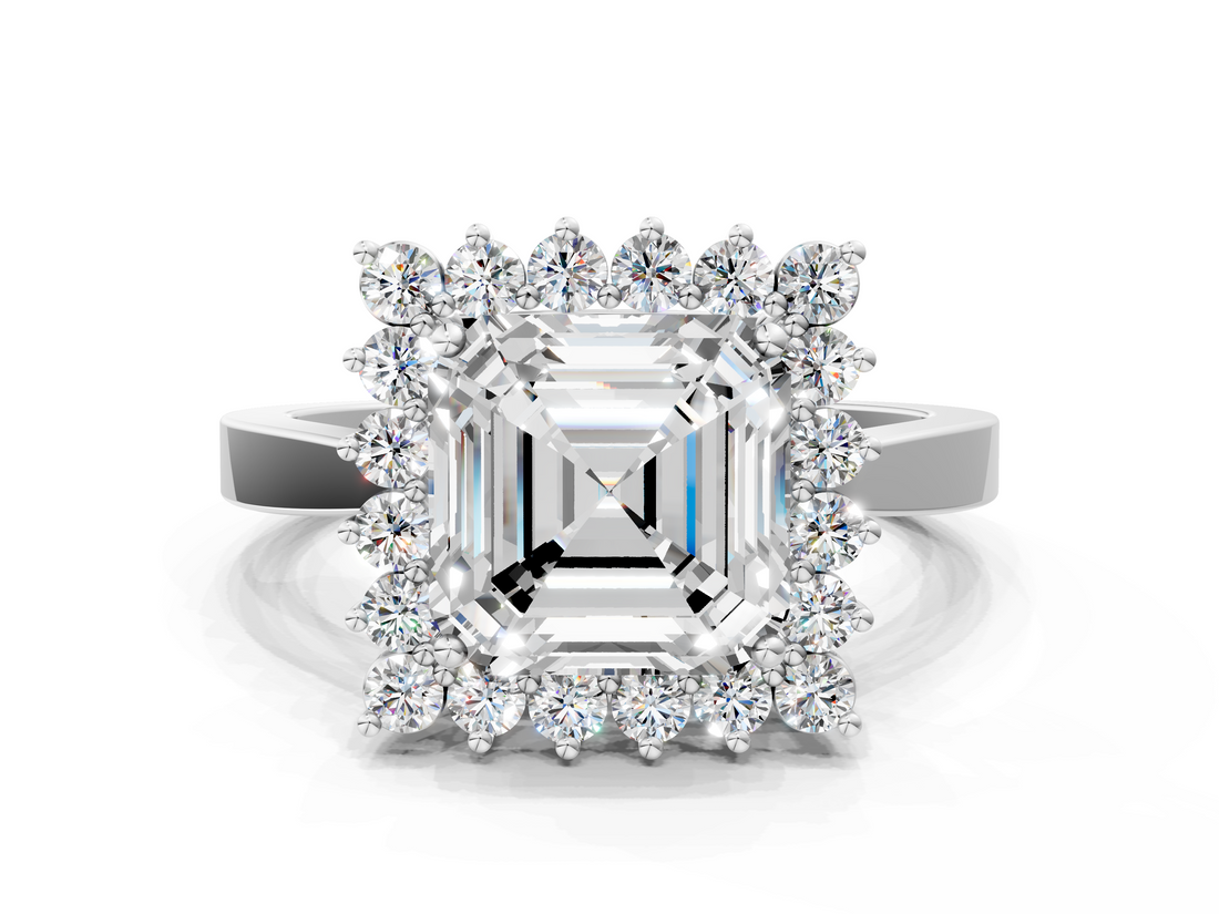 White gold Asscher Cut Diamond Halo Ring with Round Brilliant Halo and Solitaire Band_54