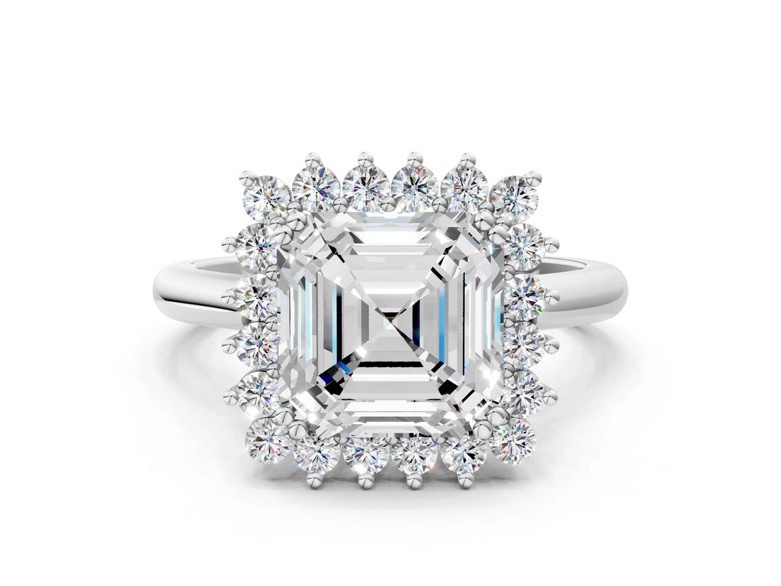 White gold Asscher Cut Diamond Halo Ring with Solitaire Band and Prong Setting_70