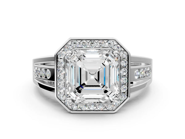 White gold Round Diamond Halo Ring with Split Shank and Bezel Accents and Prong Setting