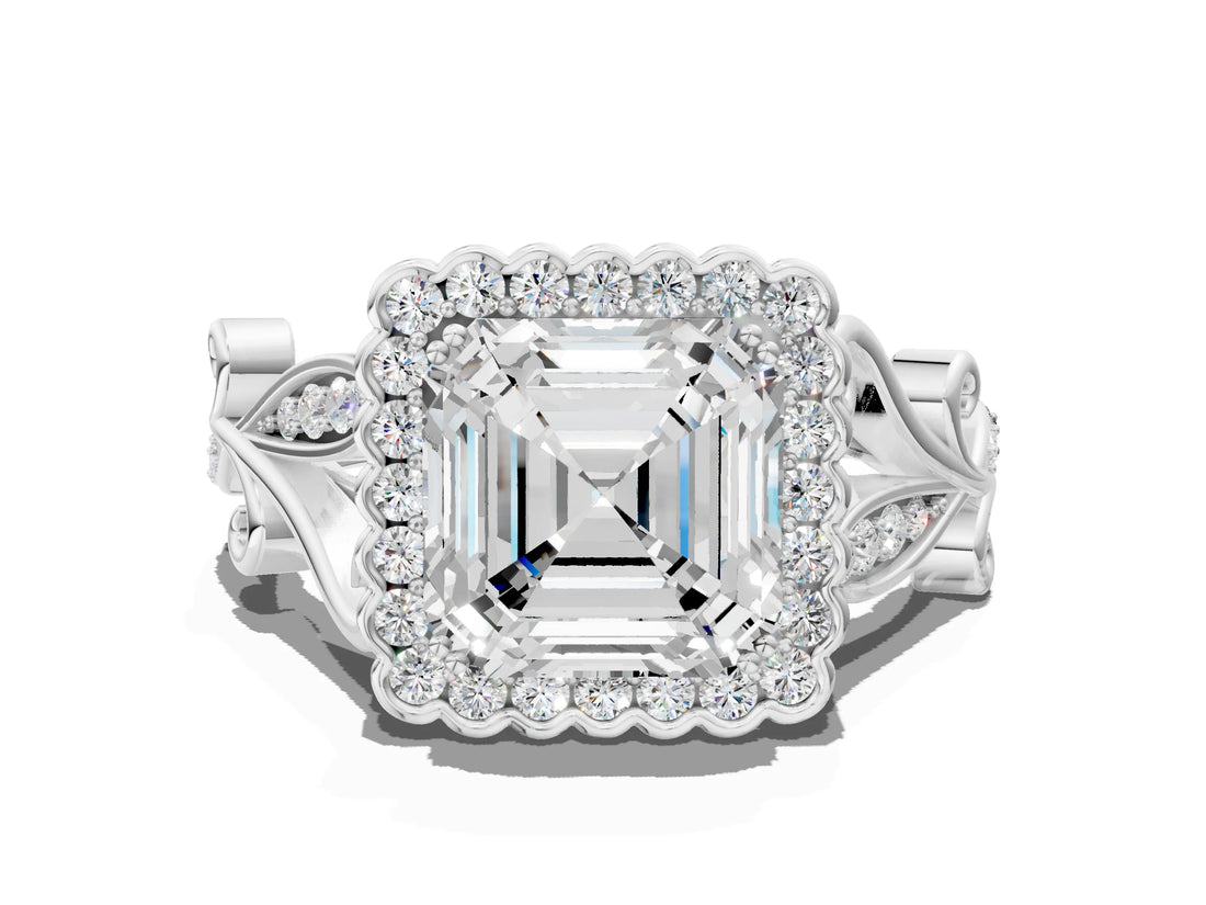 White gold Asscher Cut Diamond Halo Ring with Vintage Split Shank and Four-Prong Setting_58