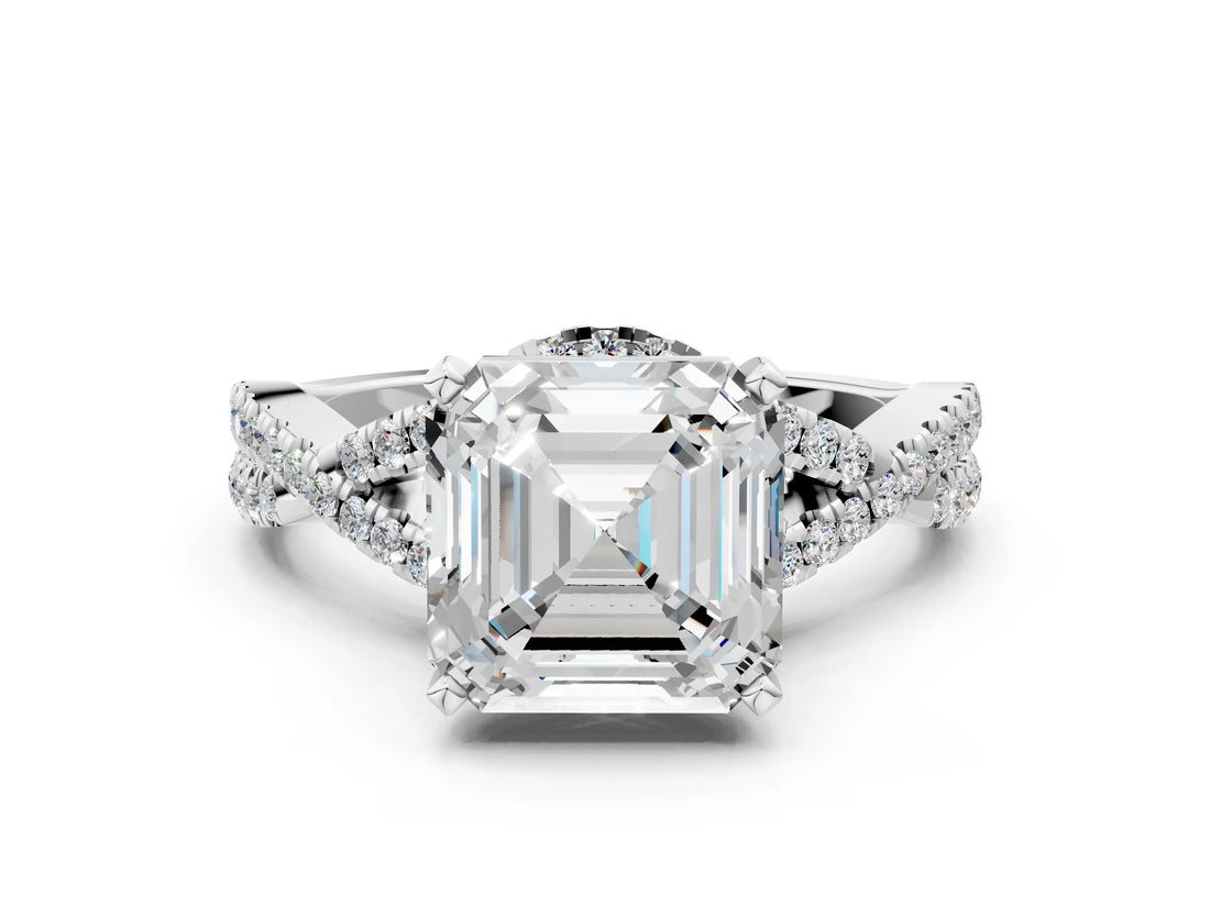 White gold Asscher Cut Diamond  Halo Twist Band Solitaire Prong Setting Ring_23