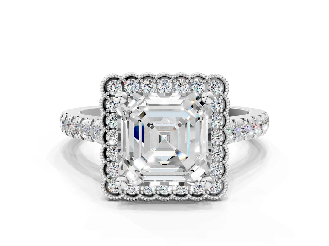 White gold Asscher Cut Diamond Milgrain Floral Halo Engagement Ring with Pavé Band_21