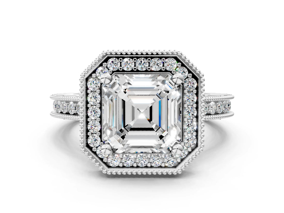 White gold Asscher Cut Diamond Milgrain Halo Engagement Ring with Round Pavé Band and Prong Setting_12