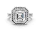 White gold Asscher Cut Diamond Milgrain Halo Engagement Ring with Round Pavé Band and Prong Setting_12