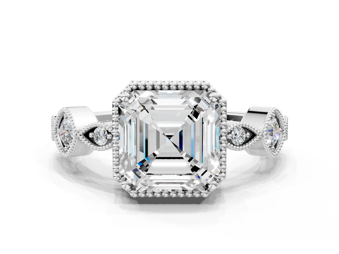 White gold Asscher Cut Diamond Milgrain Marquise Band with Prong Setting_5