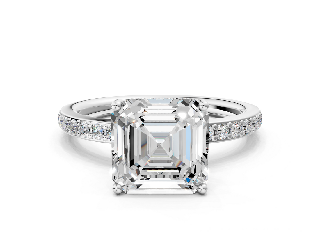 White gold Asscher Cut Diamond Pavé Band Ring with Four-Prong Setting_23