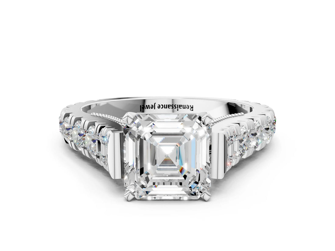 White gold Asscher Cut Diamond Pavé Band Solitaire with Four-Prong Setting_16