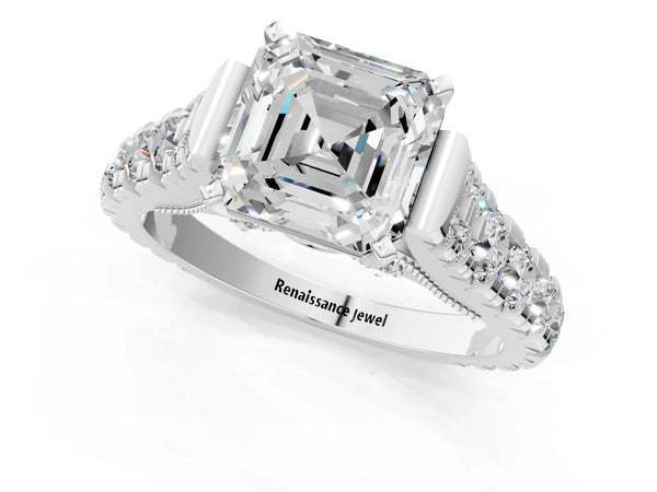 White gold Asscher Cut Diamond Classic Solitaire Ring with Pavé Band and Four-Prong Setting