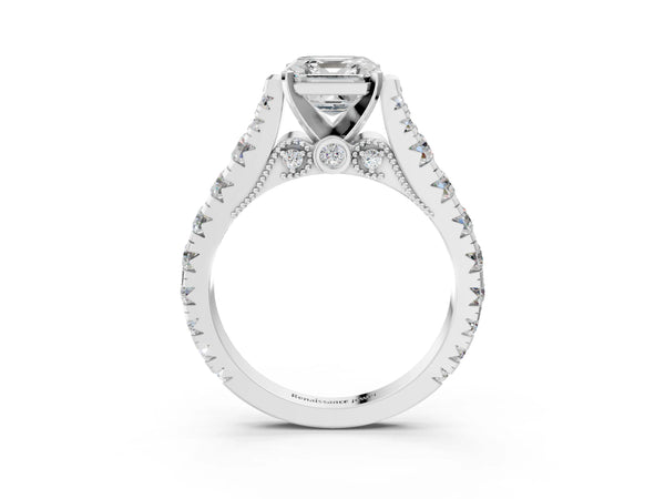 White gold Asscher Cut Diamond Classic Solitaire Ring with Pavé Band and Four-Prong Setting
