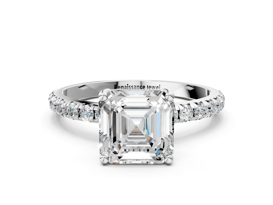 White gold Asscher Cut Diamond Pavé Band Solitaire with Four-Prong Setting_20