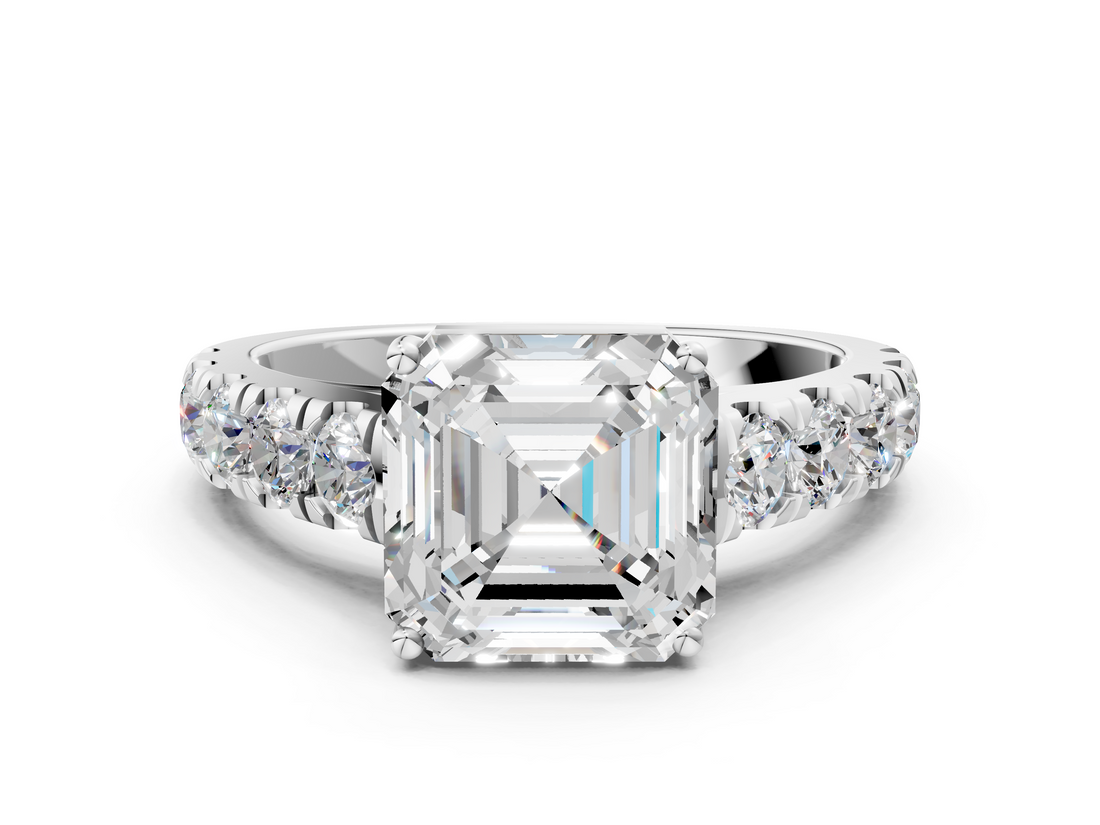 White gold Asscher Cut Diamond Pavé Band Solitaire with Four-Prong Setting_3
