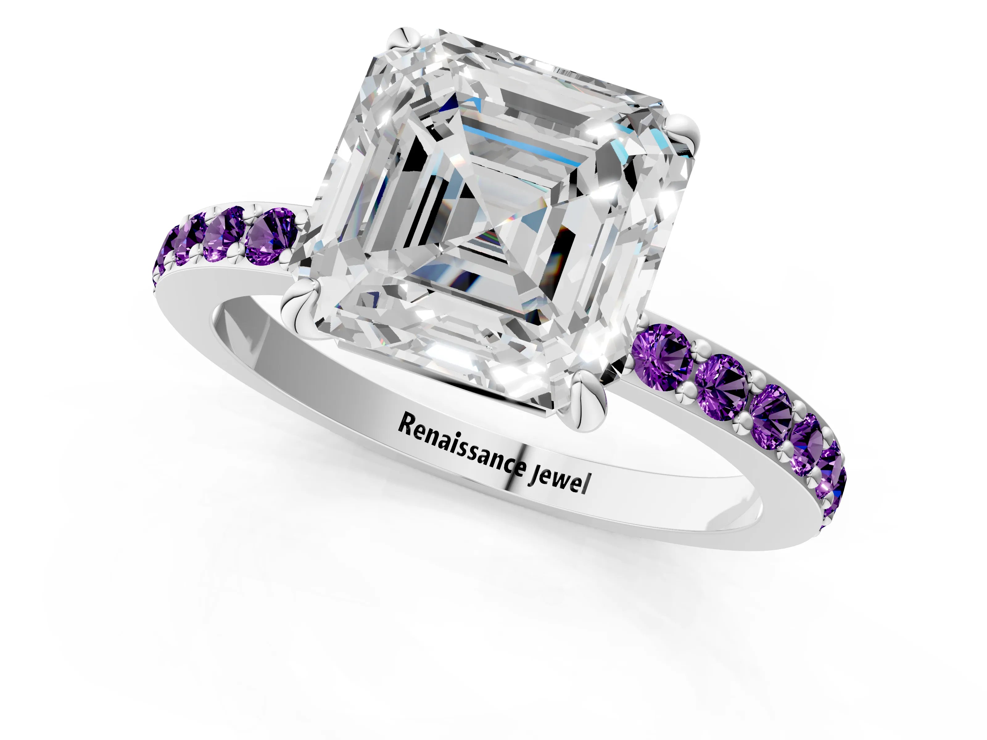 White gold Asscher Cut Diamond Pavé Engagement Ring with Round with Amethyst side stone Accents and Prong Setting_1