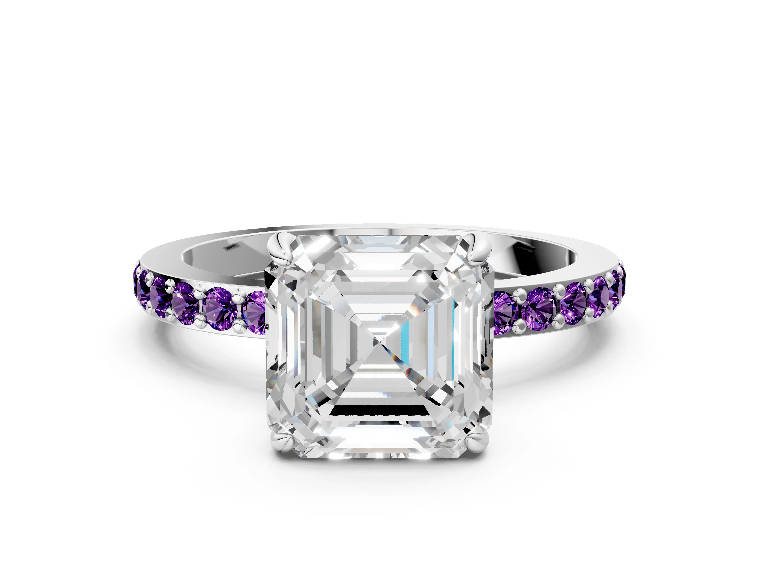 White gold Asscher Cut Diamond Pavé Engagement Ring with Round with Amethyst side stone Accents and Prong Setting_12