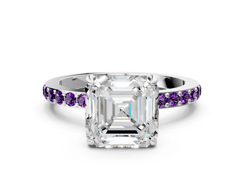 White gold Asscher Cut Diamond Pavé Engagement Ring with Round with Amethyst side stone Accents and Prong Setting_12