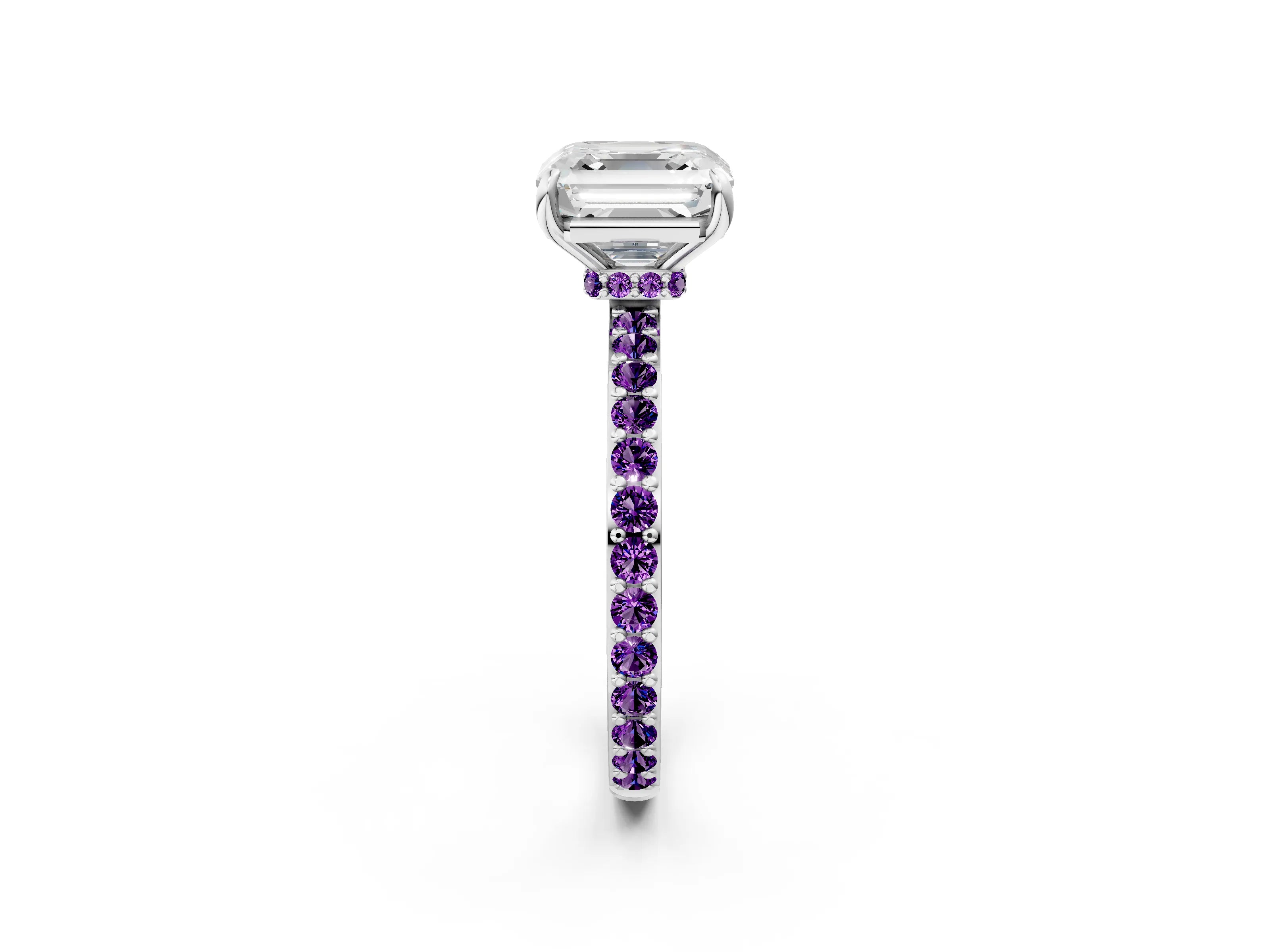 White gold Asscher Cut Diamond Pavé Engagement Ring with Round with Amethyst side stone Accents and Prong Setting_14