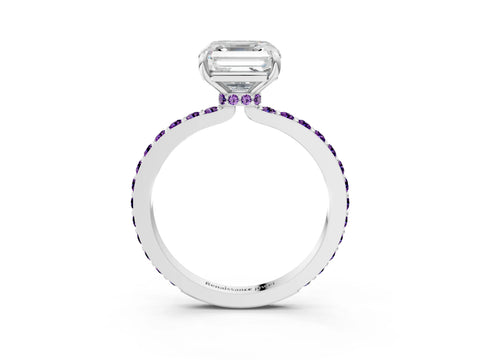 White gold Asscher Cut Diamond Pavé Engagement Ring with Round with Amethyst side stone Accents and Prong Setting_15