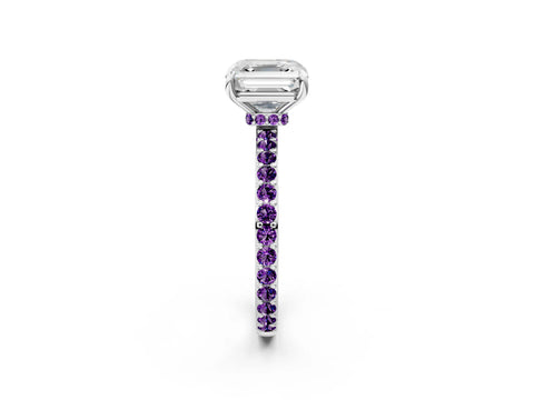 White gold Asscher Cut Diamond Pavé Engagement Ring with Round with Amethyst side stone Accents and Prong Setting_2