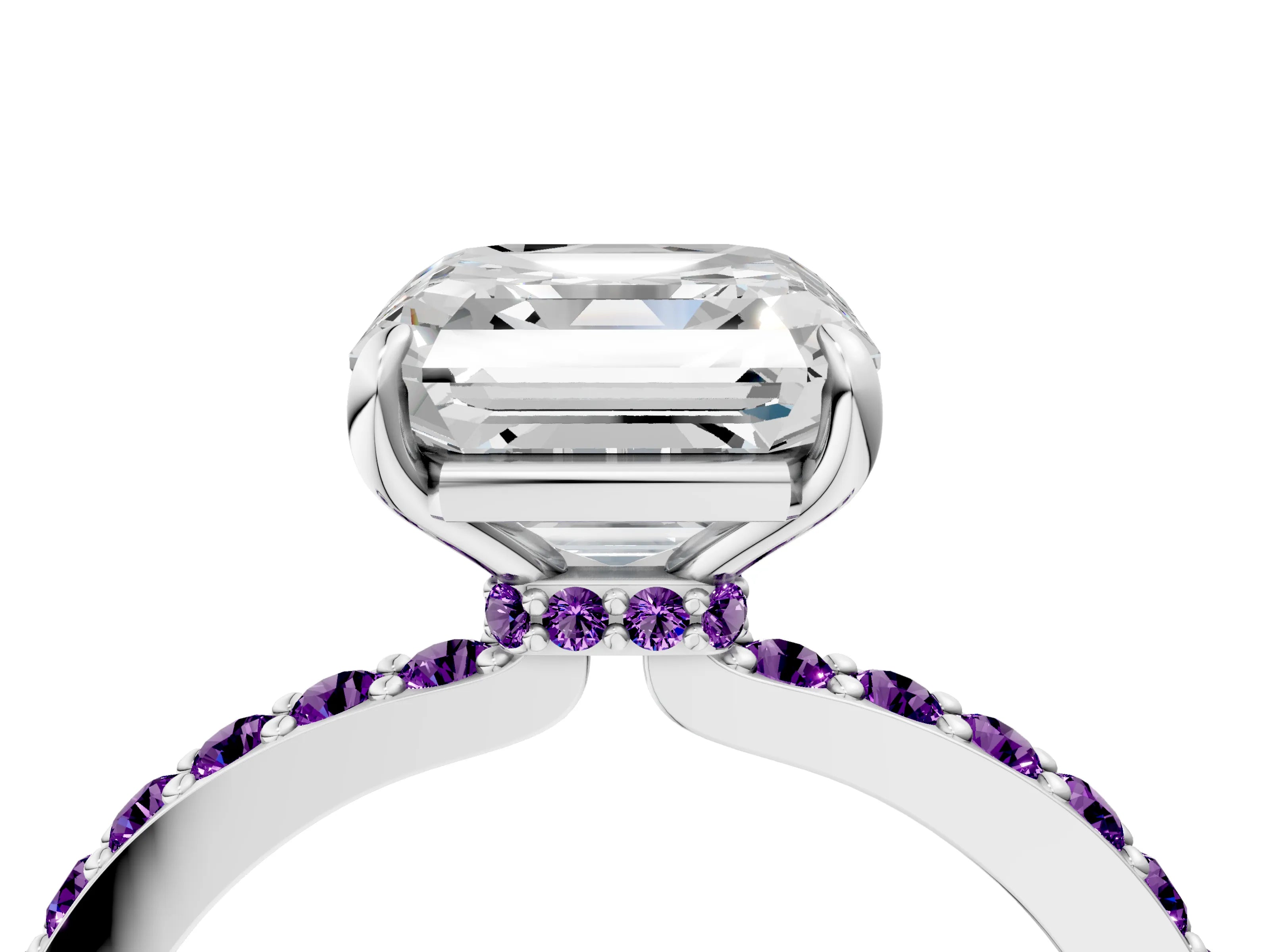 White gold Asscher Cut Diamond Pavé Engagement Ring with Round with Amethyst side stone Accents and Prong Setting_4