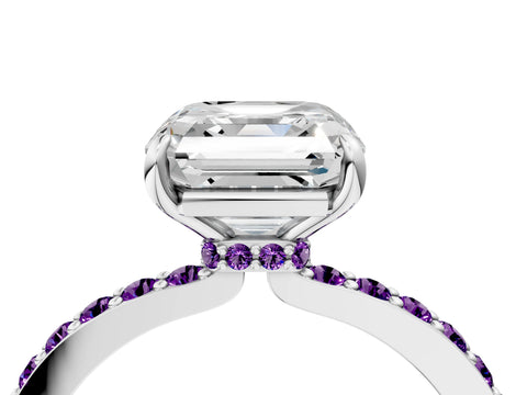 White gold Asscher Cut Diamond Pavé Engagement Ring with Round with Amethyst side stone Accents and Prong Setting_4