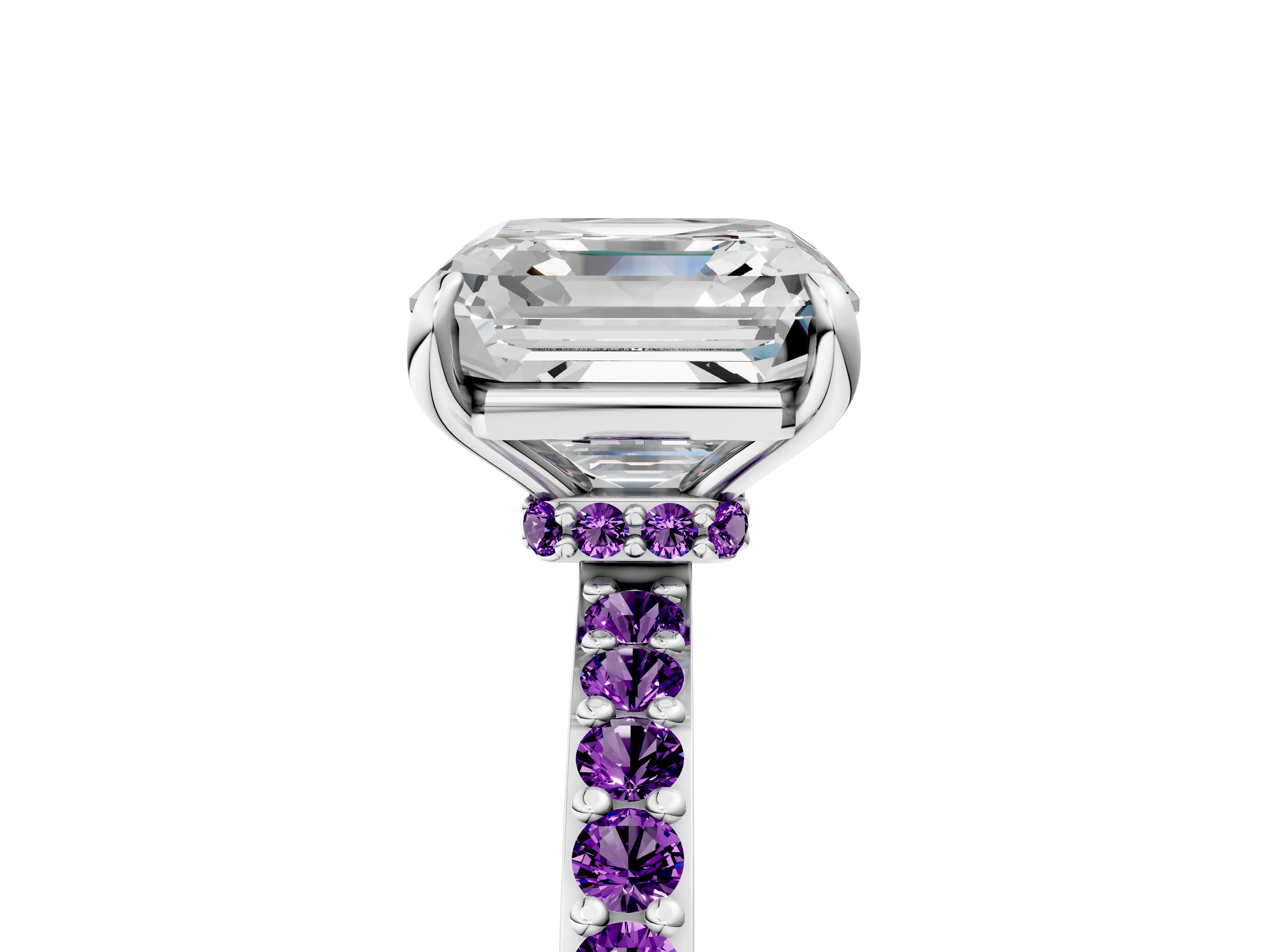 White gold Asscher Cut Diamond Pavé Engagement Ring with Round with Amethyst side stone Accents and Prong Setting_5