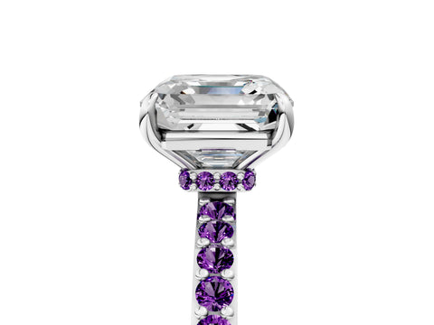 White gold Asscher Cut Diamond Pavé Engagement Ring with Round with Amethyst side stone Accents and Prong Setting_5