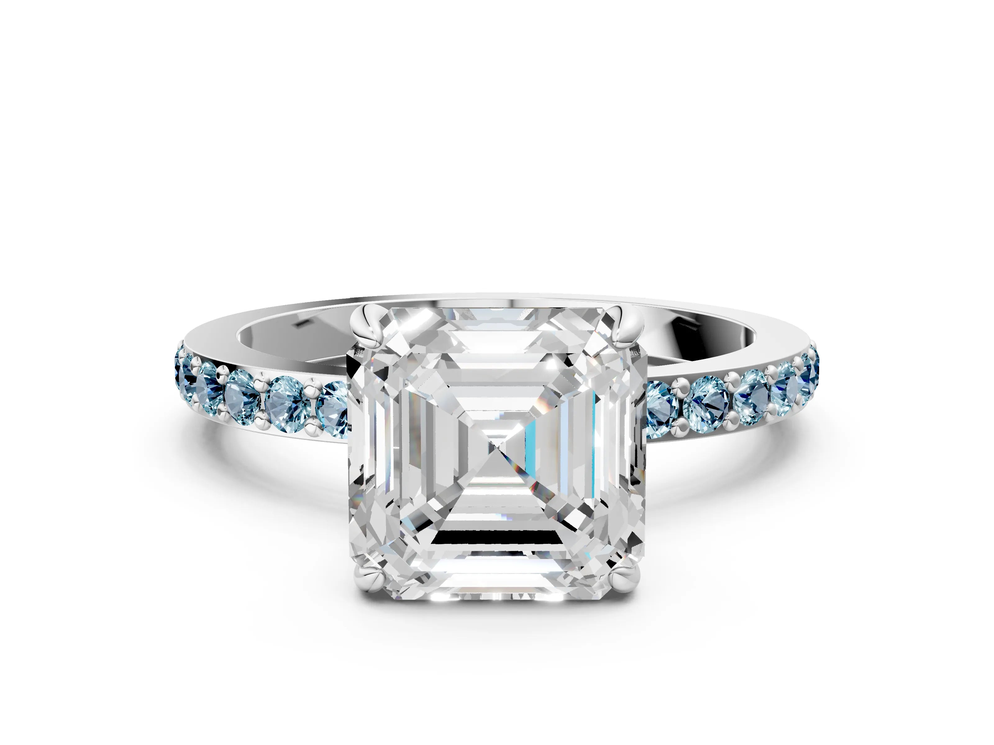 White gold Asscher Cut Diamond Pavé Engagement Ring with Round with Aquamarine side stone Accents and Prong Setting