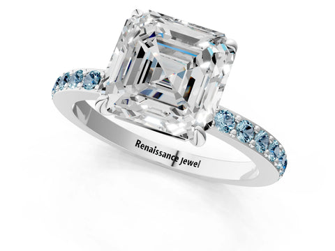 White gold Asscher Cut Diamond Pavé Engagement Ring with Round with Aquamarine side stone Accents and Prong Setting_13