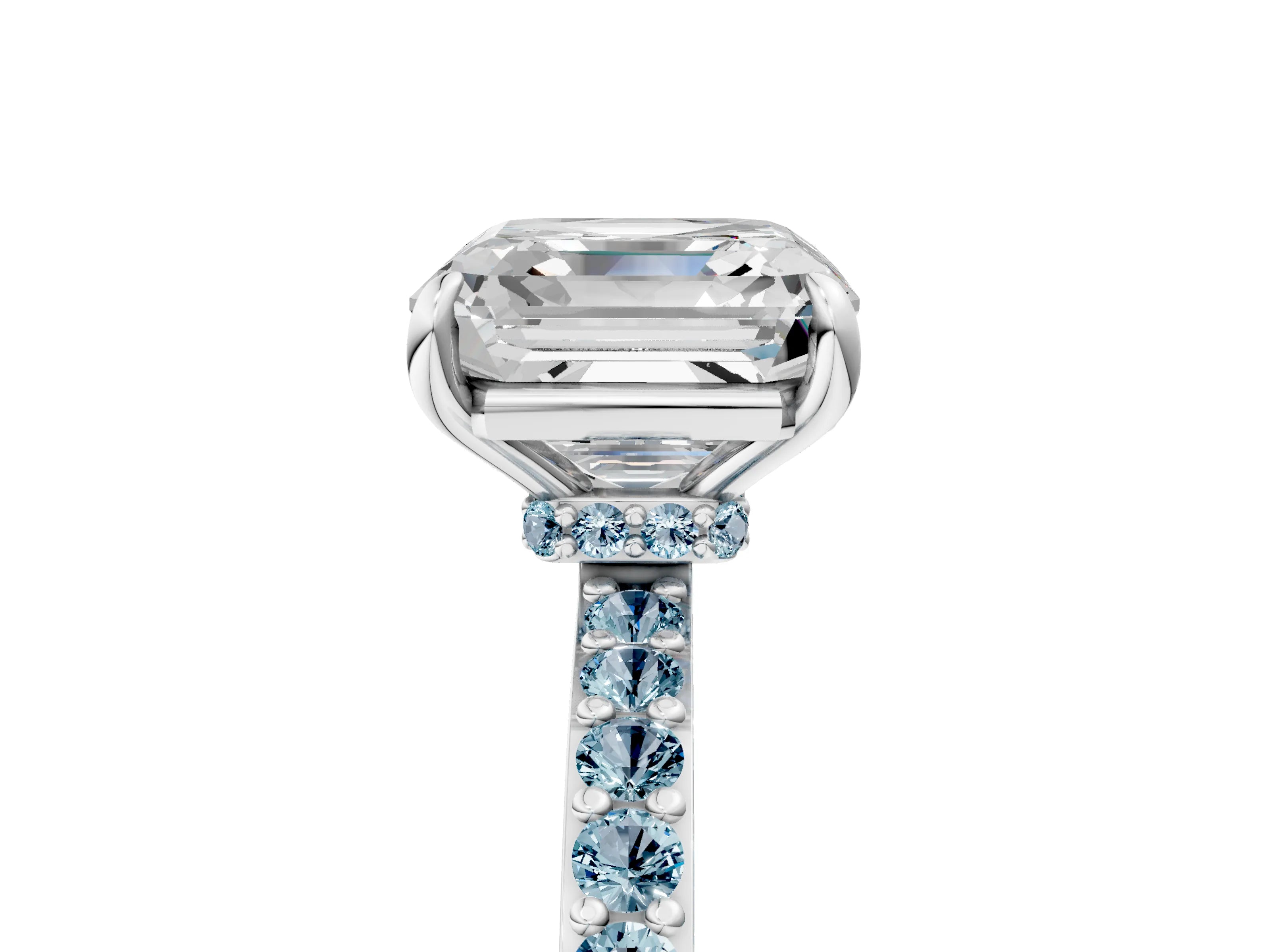 White gold Asscher Cut Diamond Pavé Engagement Ring with Round with Aquamarine side stone Accents and Prong Setting_17