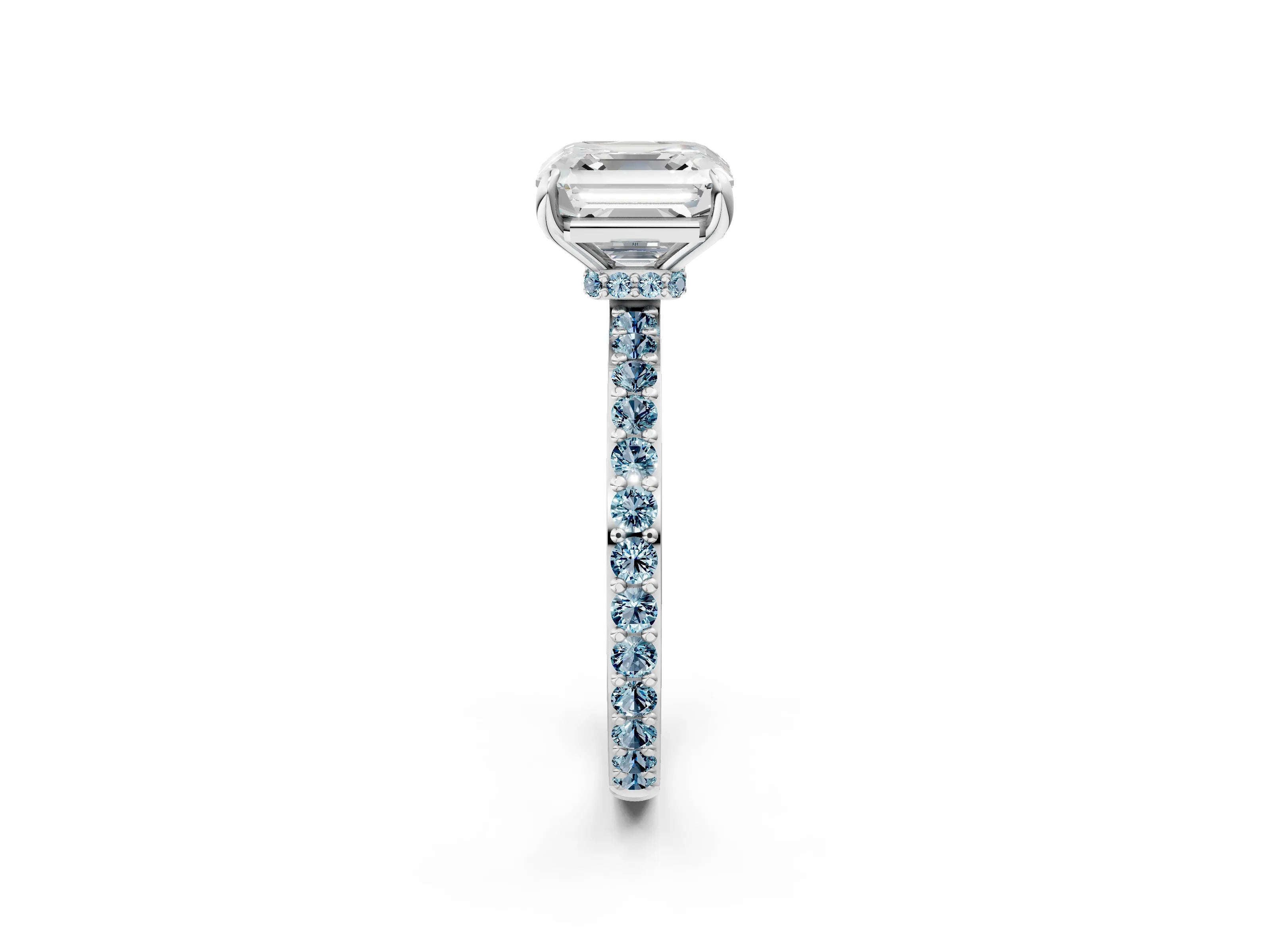 White gold Asscher Cut Diamond Pavé Engagement Ring with Round with Aquamarine side stone Accents and Prong Setting_2