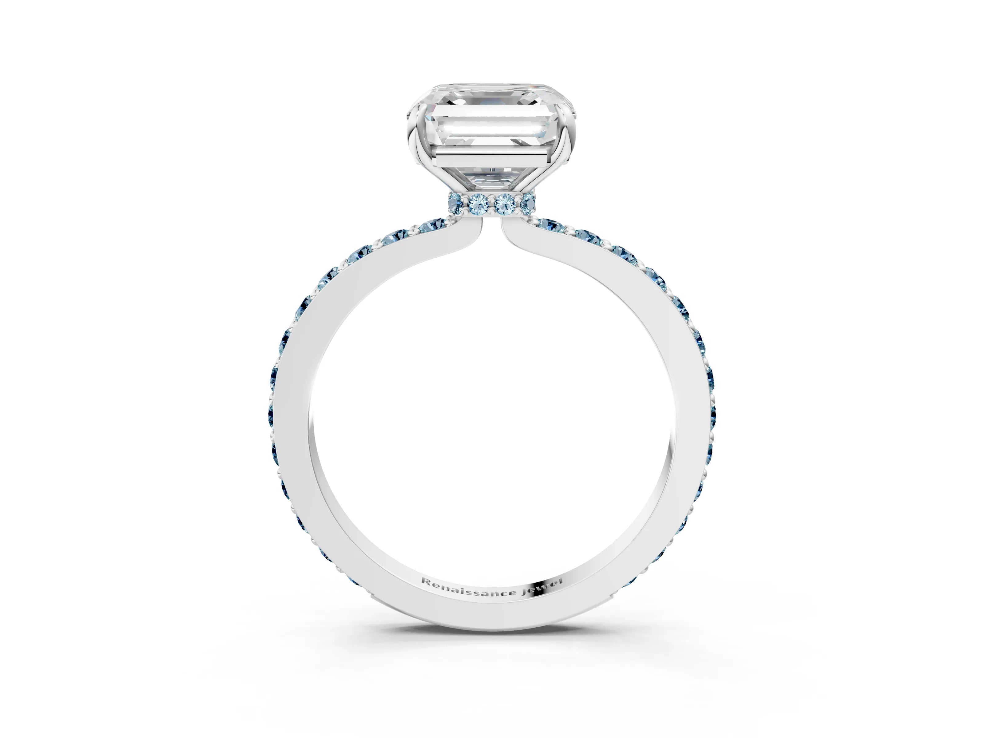 White gold Asscher Cut Diamond Pavé Engagement Ring with Round with Aquamarine side stone Accents and Prong Setting_3