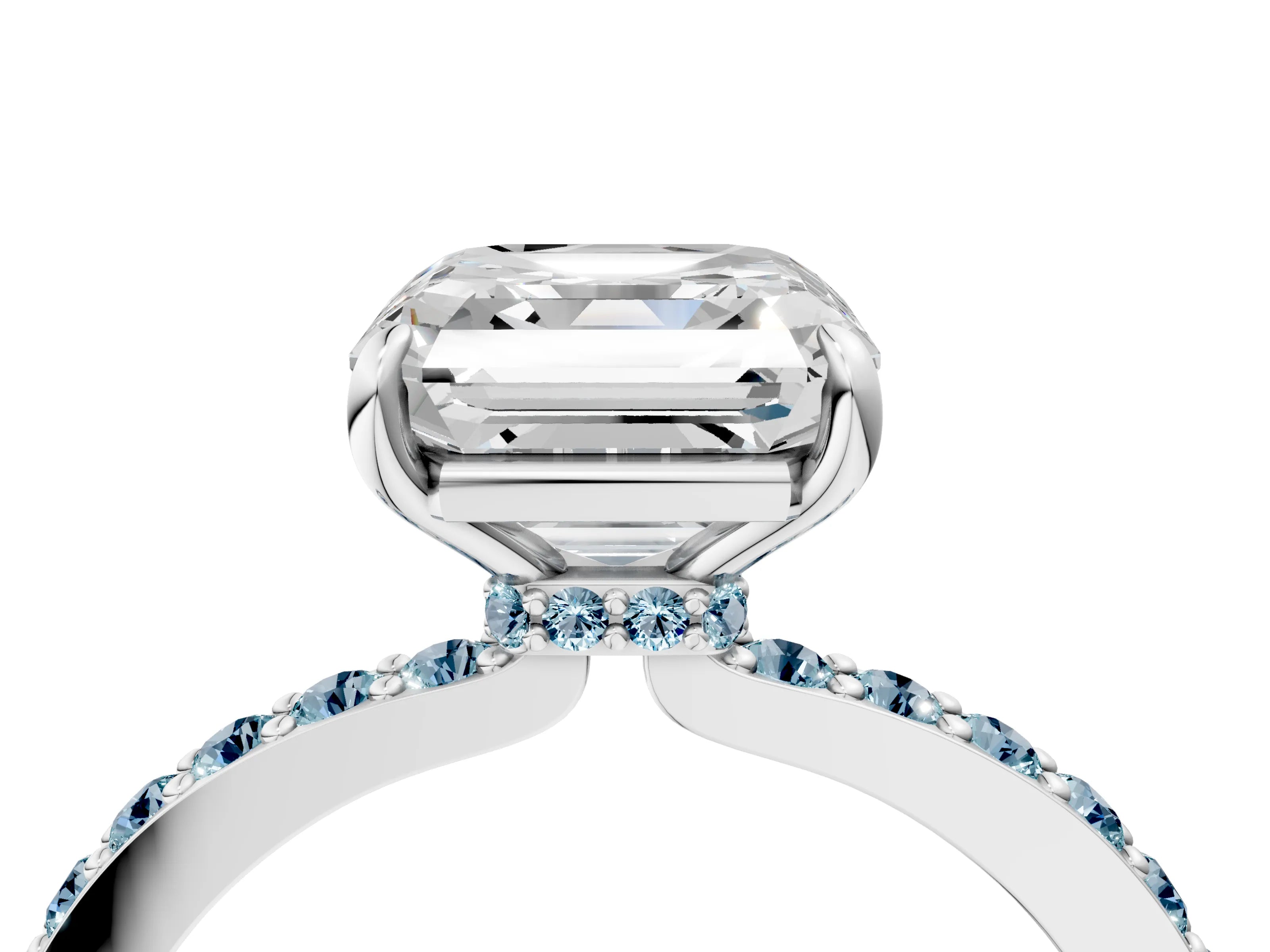 White gold Asscher Cut Diamond Pavé Engagement Ring with Round with Aquamarine side stone Accents and Prong Setting_4