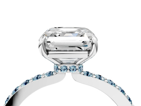 White gold Asscher Cut Diamond Pavé Engagement Ring with Round with Aquamarine side stone Accents and Prong Setting_4