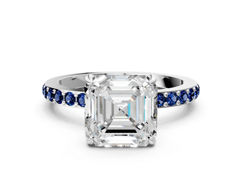 White gold Asscher Cut Diamond Pavé Engagement Ring with Round with Blue Sapphire side stone Accents and Prong Setting_12