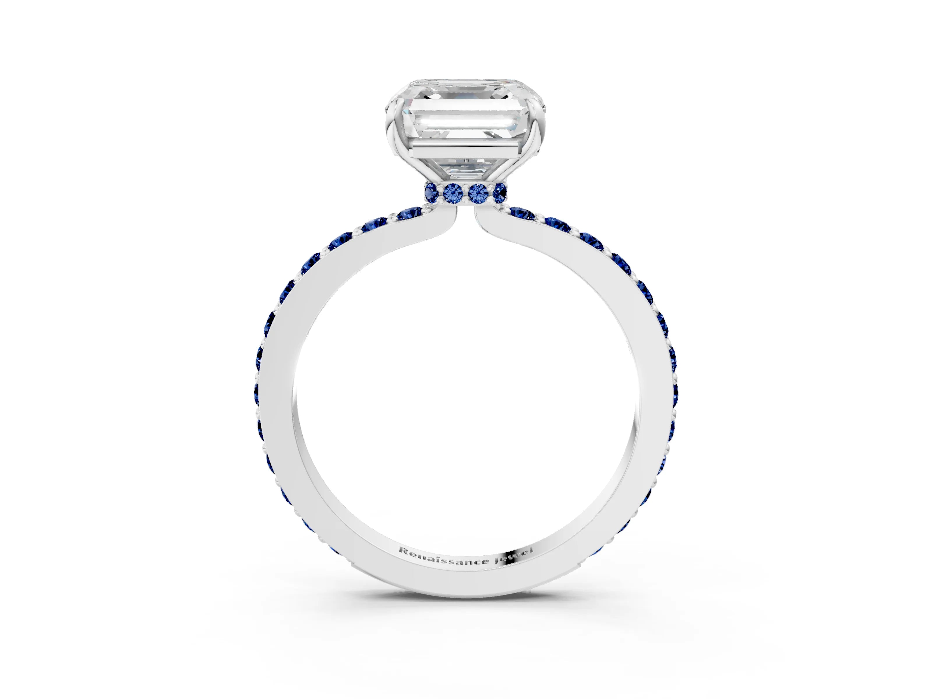 White gold Asscher Cut Diamond Pavé Engagement Ring with Round with Blue Sapphire side stone Accents and Prong Setting_15