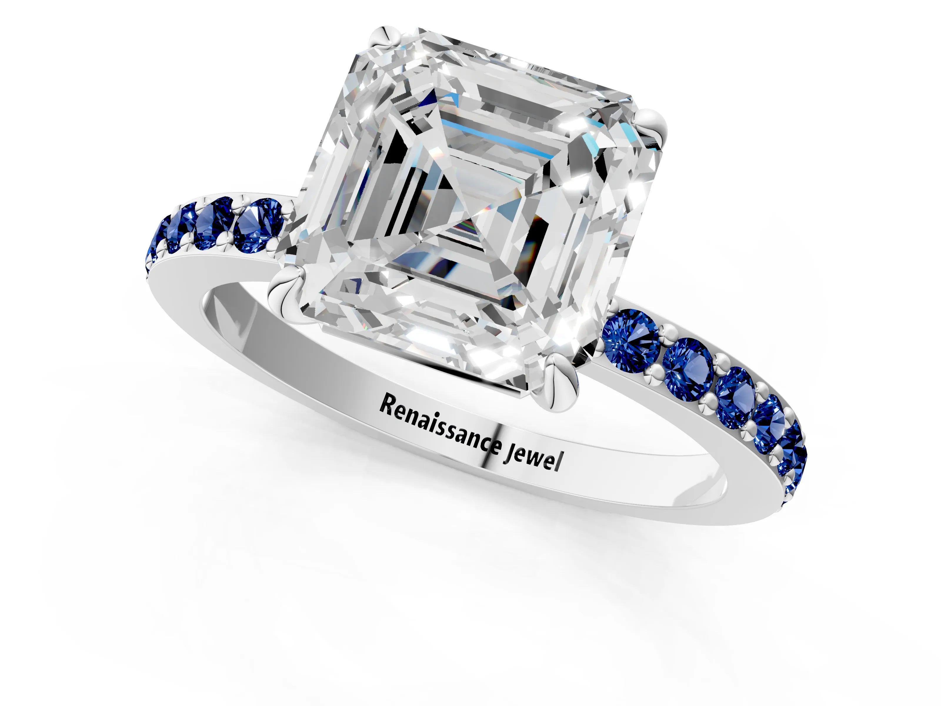 White gold Asscher Cut Diamond Pavé Engagement Ring with Round with Blue Sapphire side stone Accents and Prong Setting_1